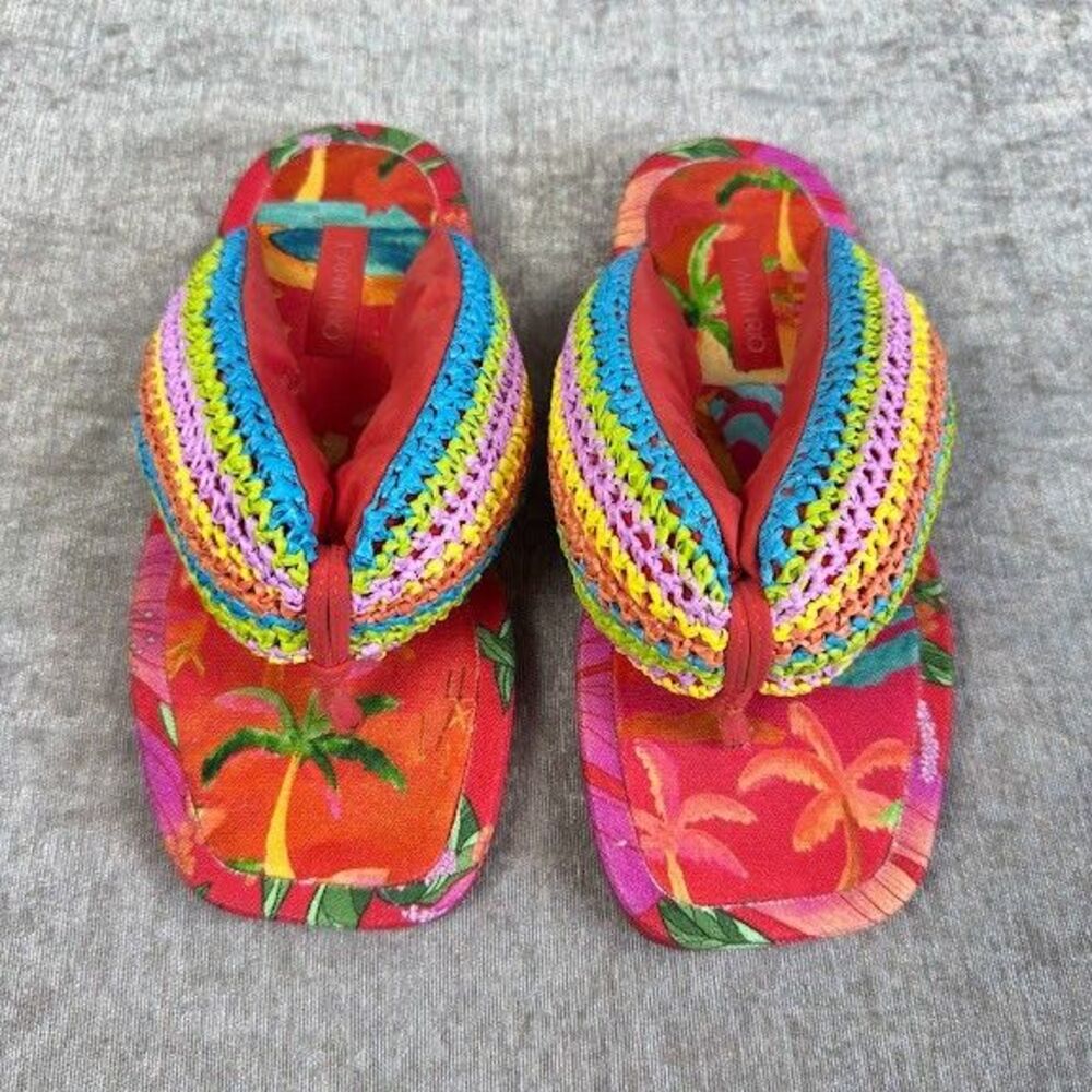 FARM RIO Toucans Crochet Puffy Sandal Sz 8 Rainbow Fabric Slip On Tropical Vacay